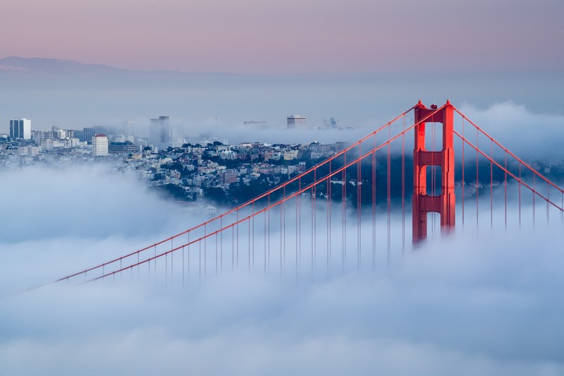 Golden Gate Bridge in a heavy fog, San Francisco